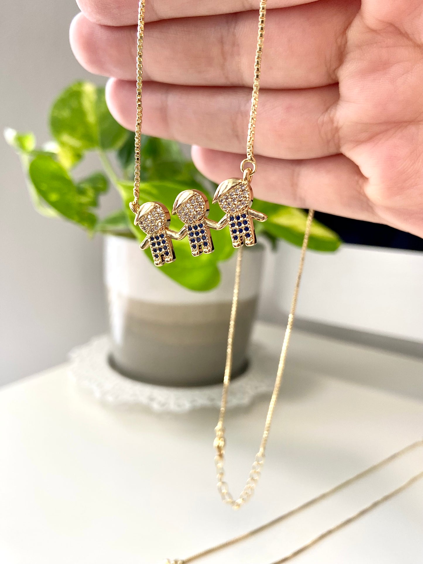 Gold Three Blue Boys Hand-in-Hand Necklace