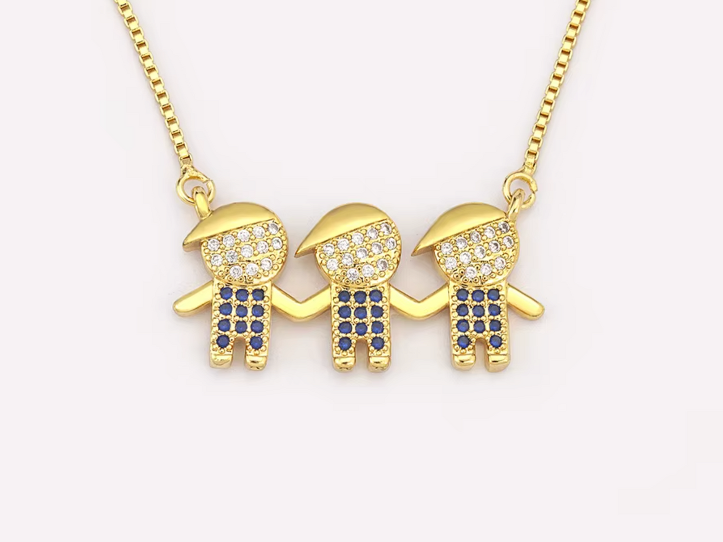 Gold Three Blue Boys Hand-in-Hand Necklace